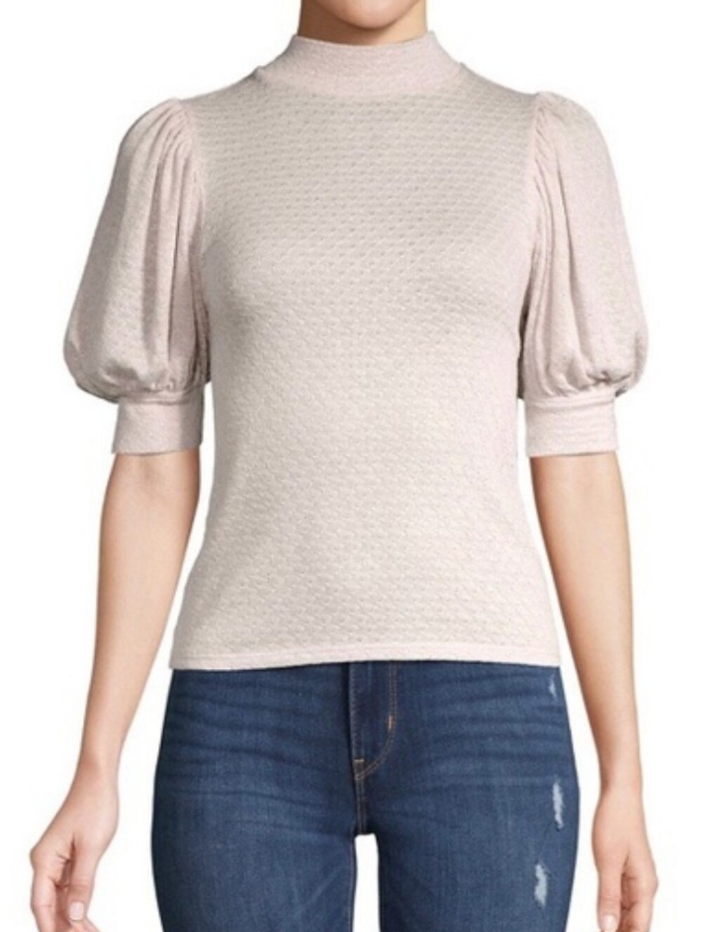 Free People Good Luck Knit Top Blouse Puff Sleeve Mock Neck In Light Pink XS